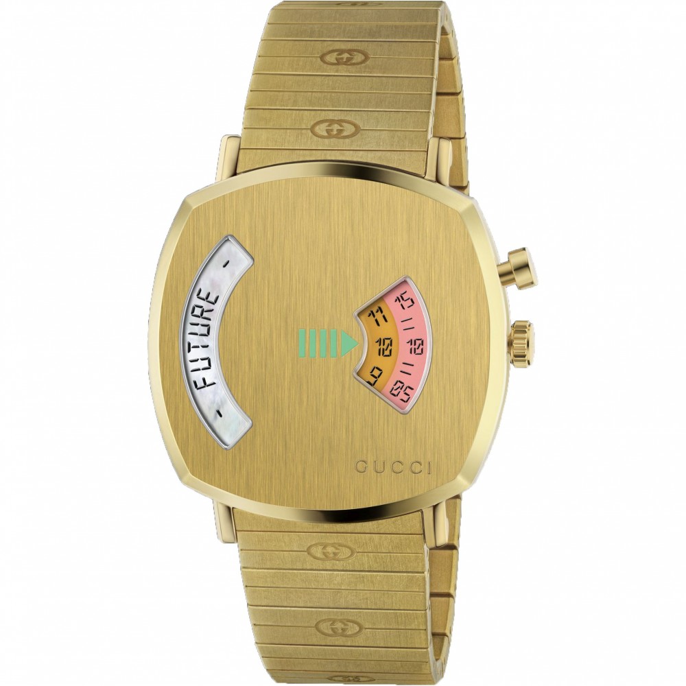GUCCI GRIP WATCH WITH A YELLOW GOLD PVD CASE, 2 WINDOWS INDICATI